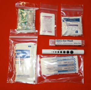 Pictured are a CPR Shield, regular strength Aspirin, Moist Towelettes, Sterile Water, Penlight, Adhesive Bandages, and Gauze Pads. They range in price from approximately $1 to $5 each.