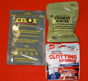 Pictured are the Celox Hemostatic Granules, QuikClot Combat Gauze, and QuikClot Clotting Sponge. They range in price from approximately $13 to $42 each.