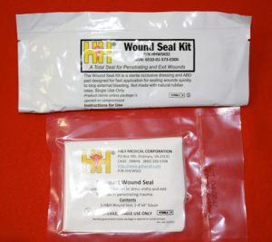 Pictured are the H&H Medical Wound Seal Kit and Compact Wound Seal. Other companies also produce simple and valved options. They range in price from approximately $15 to $30 each.